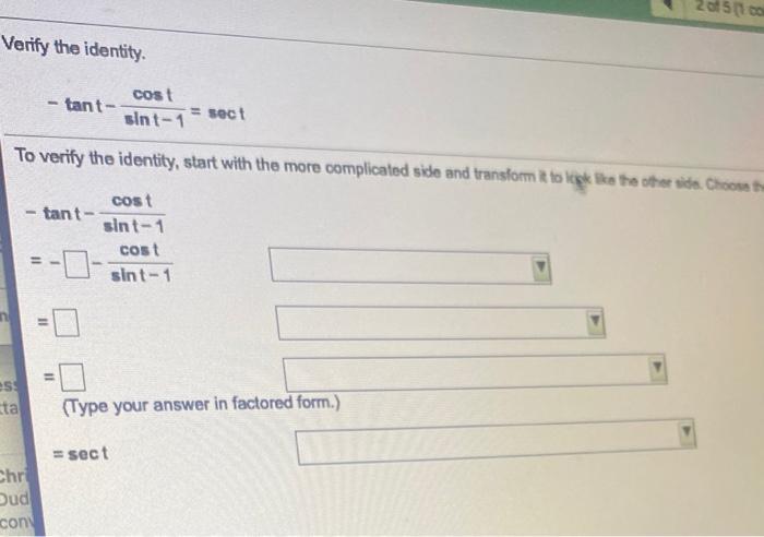 Solved Verify The Identity Tant Cost Sint Sect To Chegg