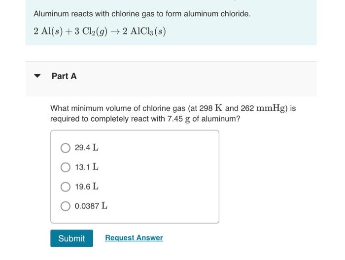 Solved Aluminum Reacts With Chlorine Gas To Form Aluminum Chegg