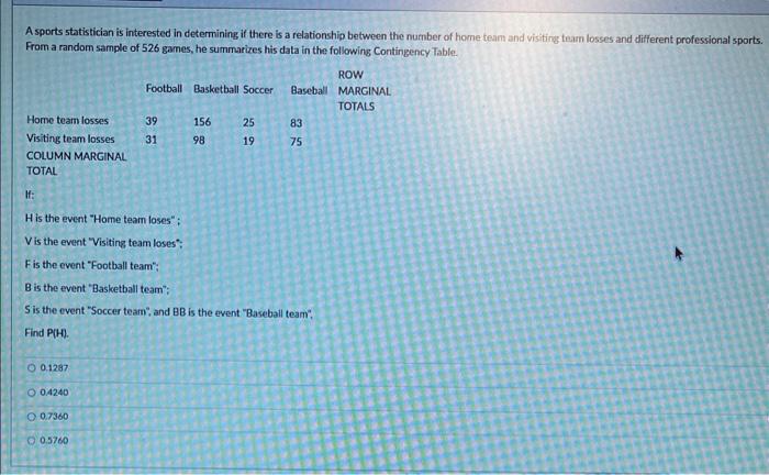 Solved A Sports Statistician Is Interested In Determining If Chegg