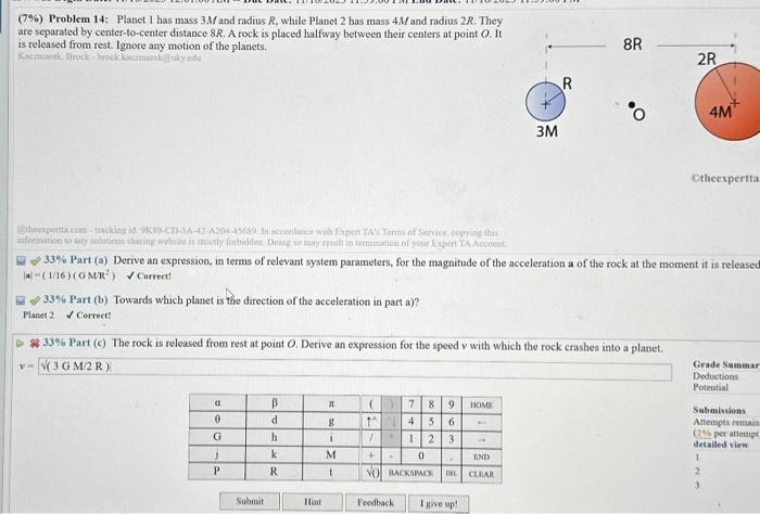 Solved 7 Problem 14 Planet 1 Has Mass 3M And Radius R Chegg