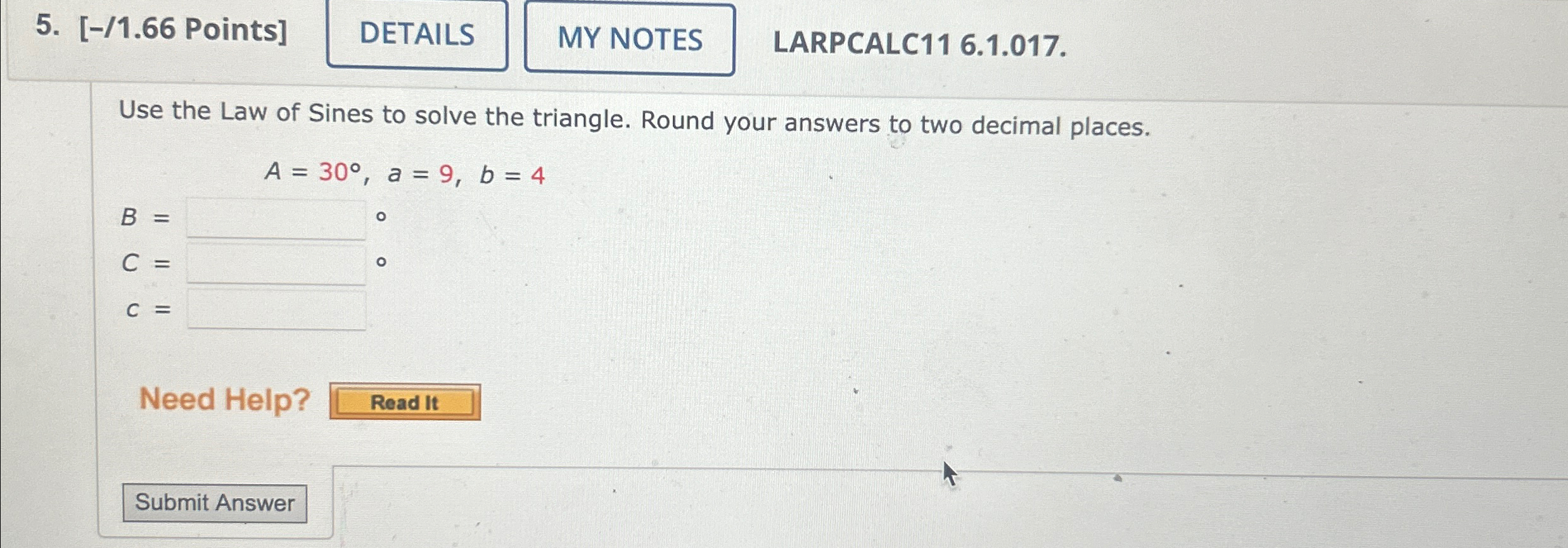 Solved 1 66 Points LARPCALC11 6 1 017 Use The Law Of Chegg