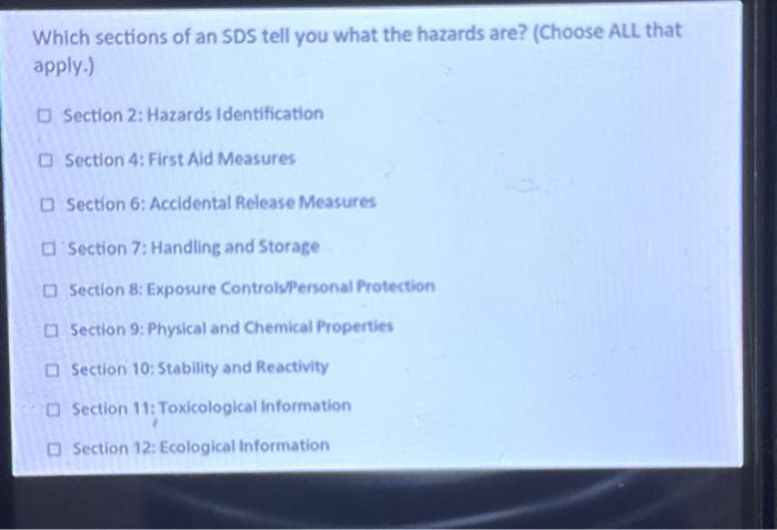 Solved Which Sections Of An Sds Tells You What The Hazards Chegg