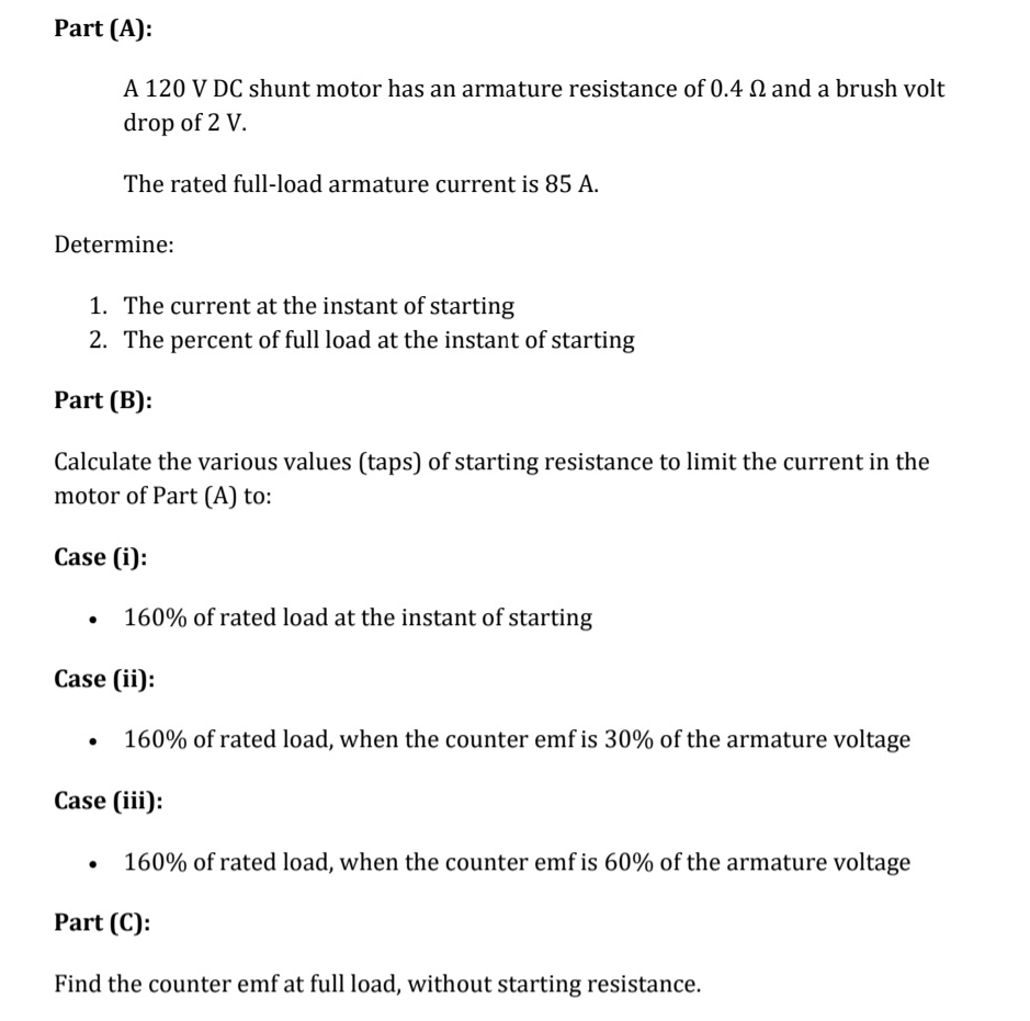 Solved Part A A 120V DC Shunt Motor Has An Armature Chegg