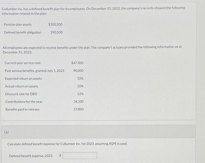 Solved Cullumber Inc Has A Defined Benefit Plan For Its Chegg