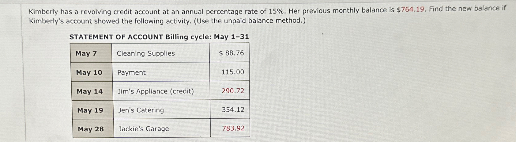 Solved Kimberly Has A Revolving Credit Account At An Annual Chegg