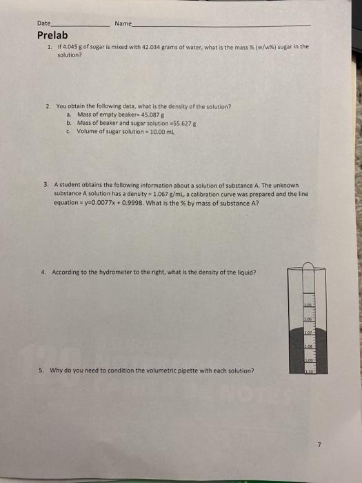 Solved Date Name Prelab 1 F4 045 G Of Sugar Is Mixed With Chegg