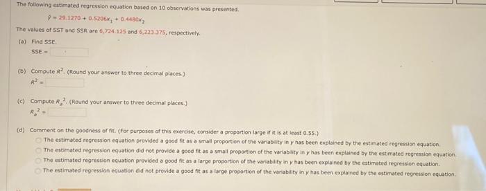 Solved γ 29 1270 0 5206x1 0 4480x2 The values of SST and SSR Chegg