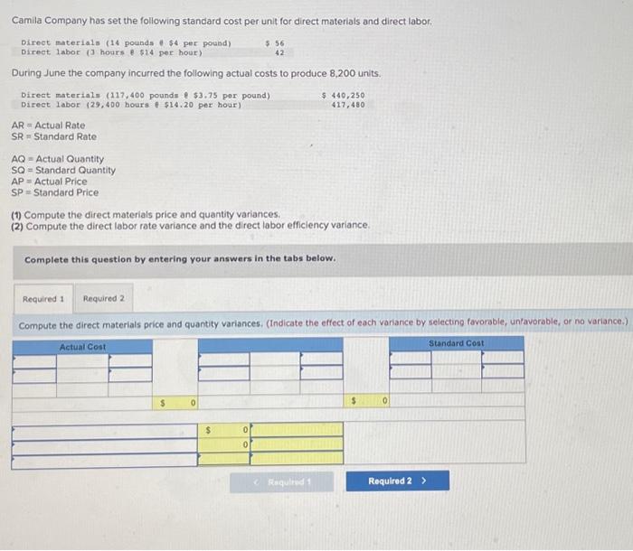 Solved Camila Company Has Set The Following Standard Cost Chegg