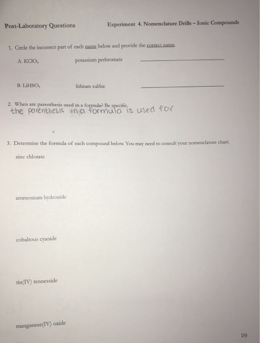 Solved Post Laboratory Questions Experiment Nomenclature Chegg