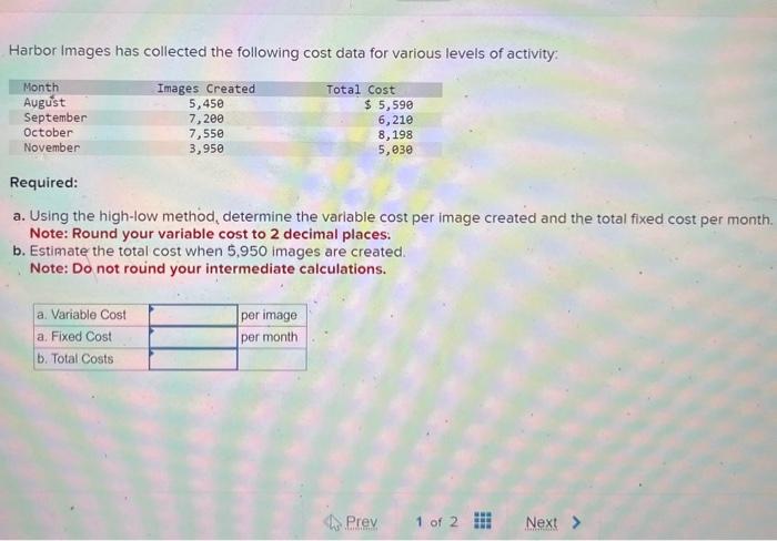 Solved Harbor Images Has Collected The Following Cost Data Chegg