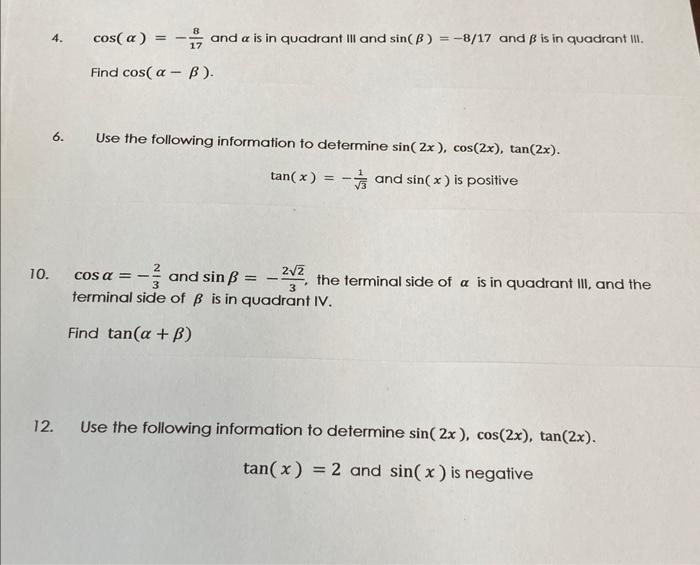 Solved 10 4 Cos A Find Cos A And A Is In Quadrant III Chegg