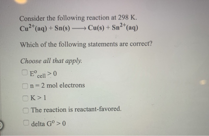 Solved Consider The Following Reaction At 298 K Cu2 Aq Chegg