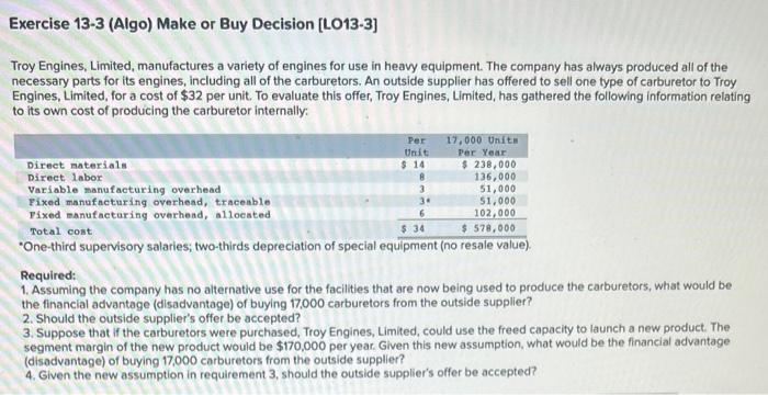 Solved Troy Engines Limited Manufactures A Variety Of Chegg