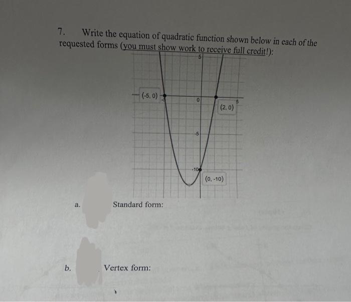 Solved 7 Write The Equation Of Quadratic Function Shown Chegg