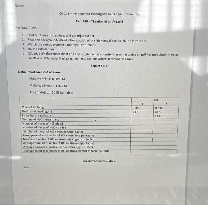 Solved Exp Titration Of An Antacid Instructions Chegg