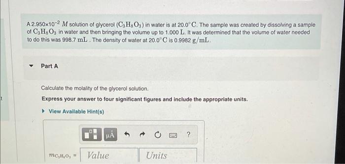 Solved A M Solution Of Glycerol C H O In Water Chegg