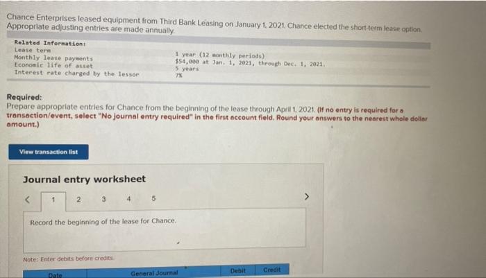 Solved Chance Enterprises Leased Equipment From Third Bank Chegg