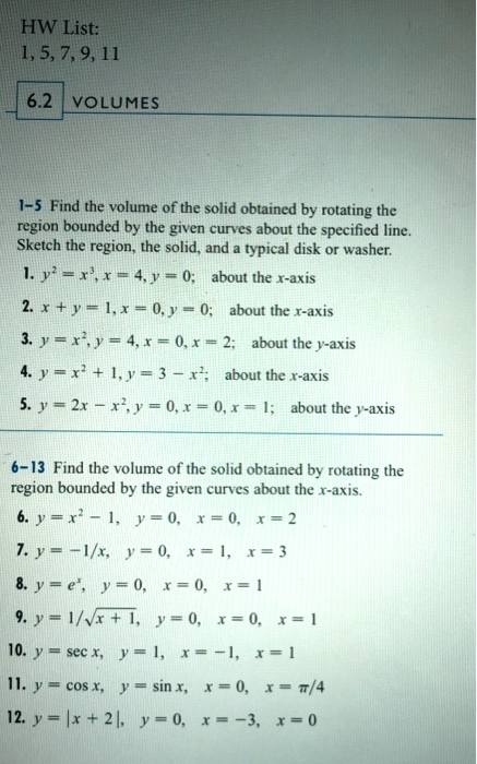 Solved HW List 1 5 7 9 11 6 2 VOLUMES 1 5 Find The Chegg