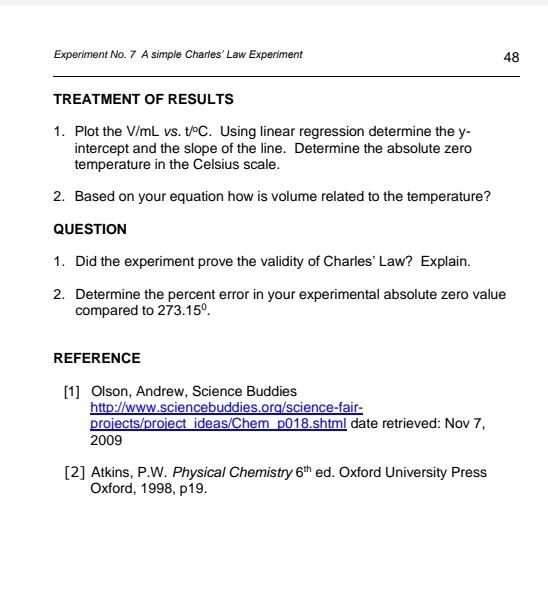 Solved LABORATORY EXPERIMENT 3 Charles Law Experiment 1 Chegg