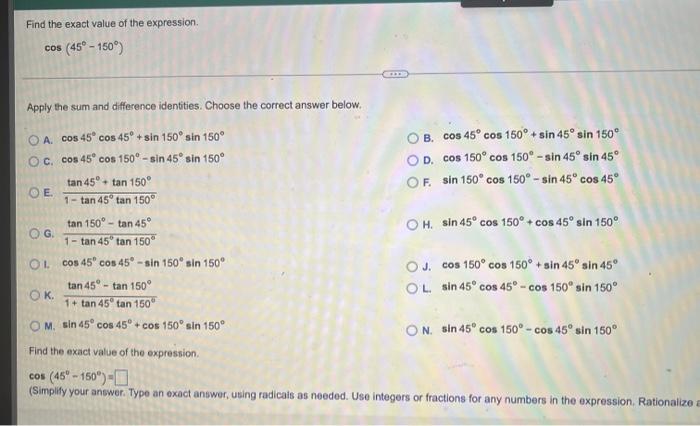 Solved Find The Exact Value Of The Expression Cos