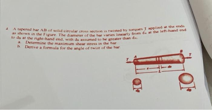 Solved A Tapered Bar Ab Of Solid Circular Cross Section Is Chegg