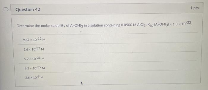 Solved Question 42 1 Pts Determine The Molar Solubility Of Chegg