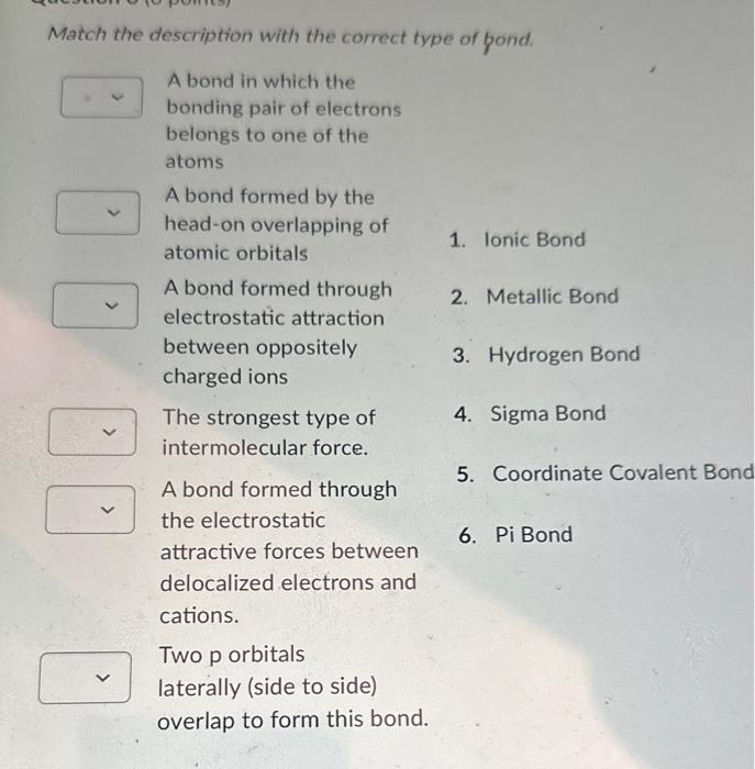 Solved Match The Description With The Correct Type Of Bond Chegg