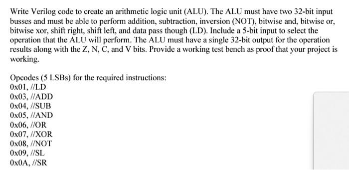 Write Verilog Code To Create An Arithmetic Logic Unit Chegg