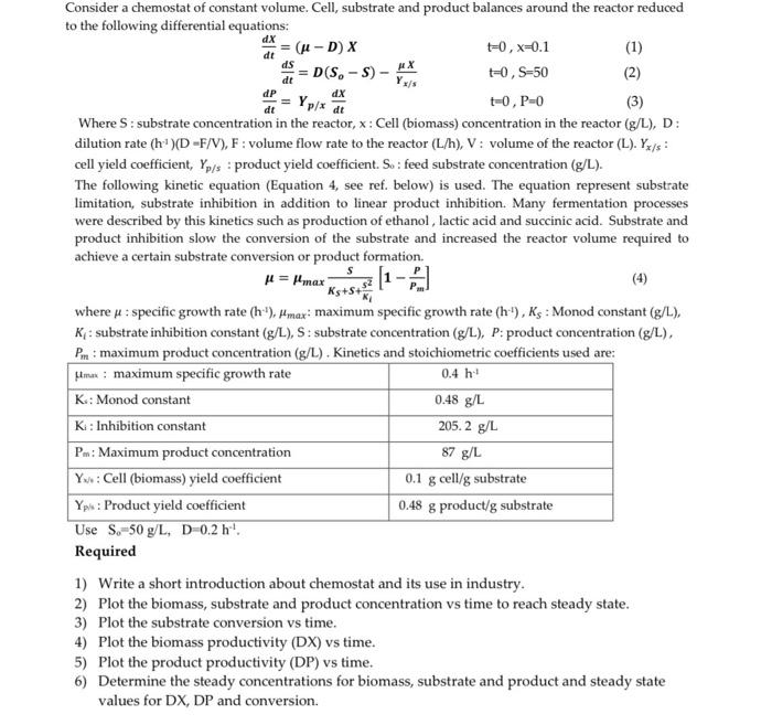 Solved MX Dx Dt Ds Dt DP Dt Dx Consider A Chemostat Of Chegg