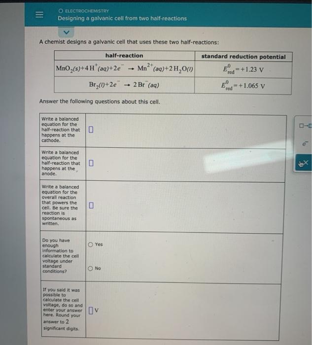 Solved O Electrochemistry Designing A Galvanic Cell From Two Chegg