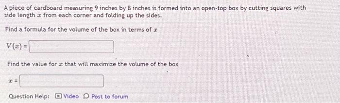 Solved A Piece Of Cardboard Measuring Inches By Inches Chegg