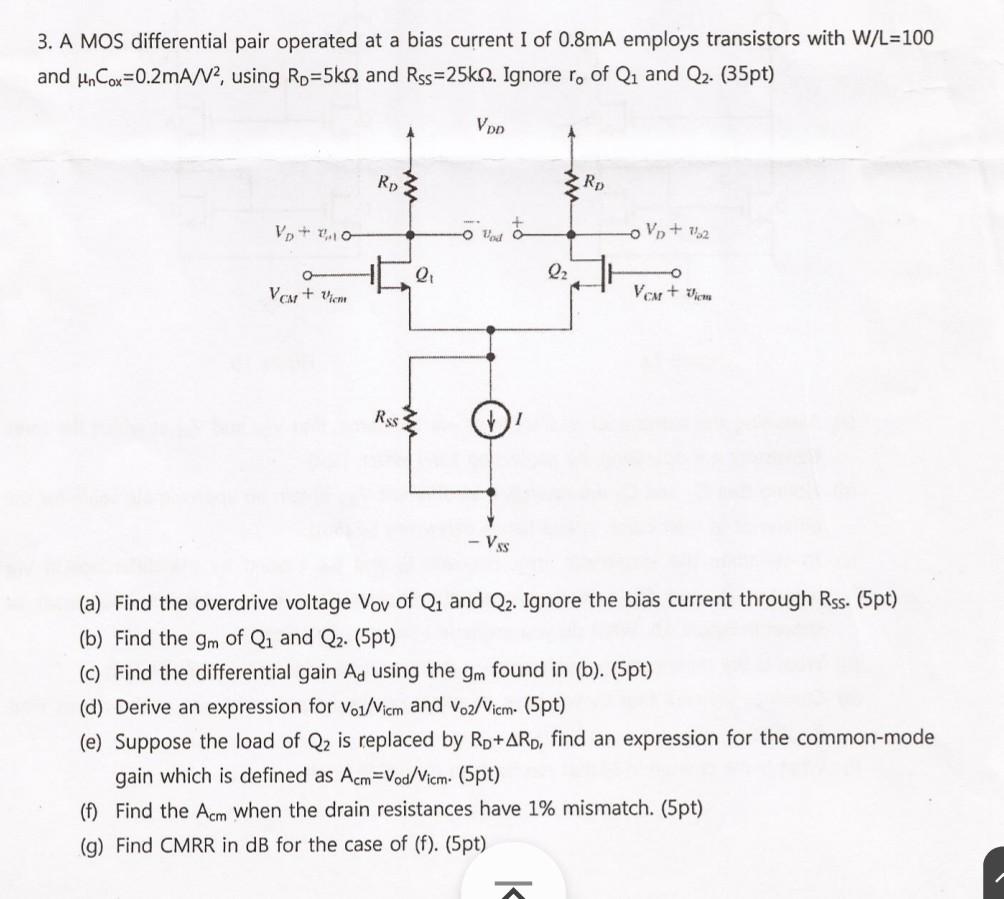 A Mos Differential Pair Operated At A Bias Current Chegg