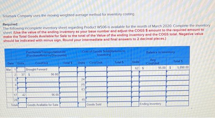 Solved Telamark Company Uses The Moving Weighted Average Chegg