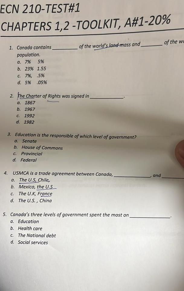 Solved ECN 210 TEST 1CHAPTERS 1 2 TOOLKIT A 1 20 Canada Chegg