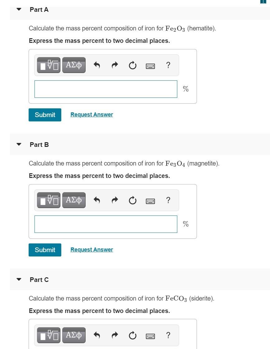 Solved Part A Calculate The Mass Percent Composition Of Iron Chegg