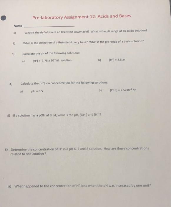 Solved Pre Laboratory Assignment 12 Acids And Bases Name 1 Chegg