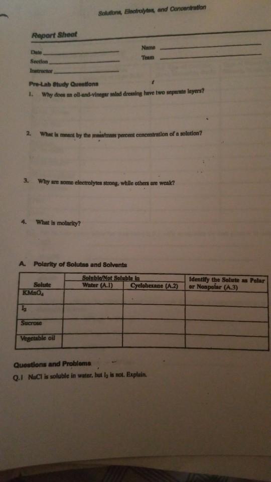 Solved Solution Electrolytes And Concentration Report Sheet Chegg