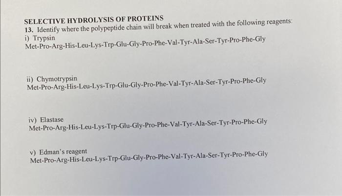 Solved Selective Hydrolysis Of Proteins Identify Where Chegg