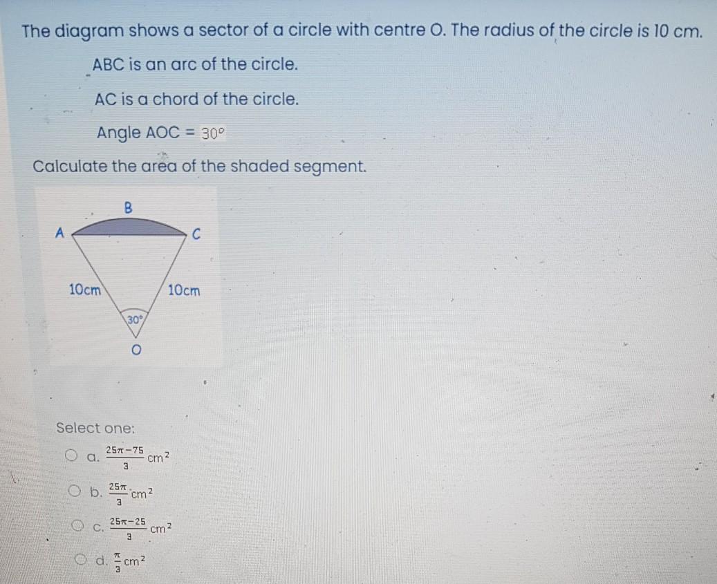 Solved The Diagram Shows A Sector Of A Circle With Centre O Chegg