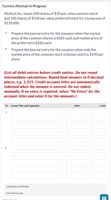 Solved Current Attempt In Progress Metlock Inc Issues 500 Chegg