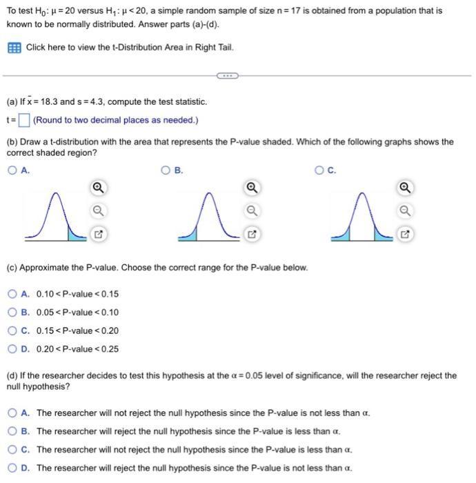 Solved To test H0 μ 20 versus H1 μ