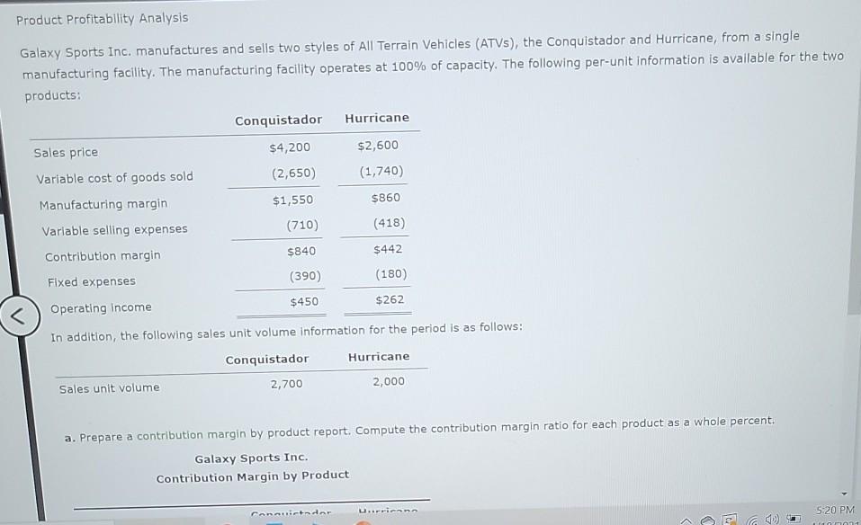 Solved Product Profitability Analysis Galaxy Sports Inc Chegg