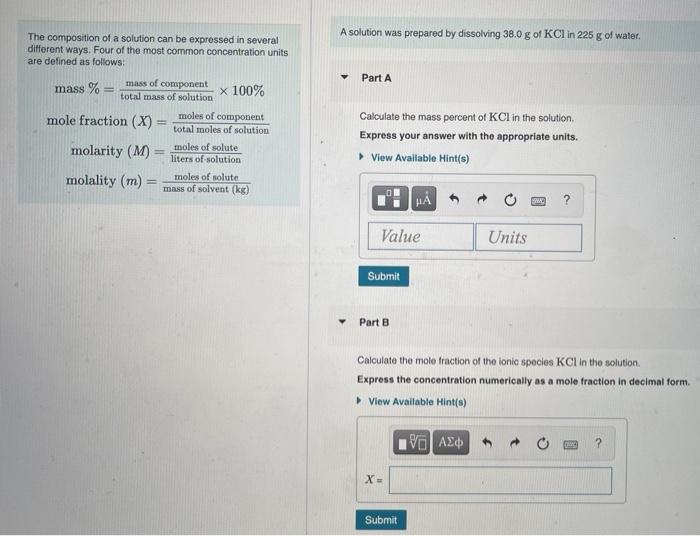 Solved A Solution Was Prepared By Dissolving G Of Kcl Chegg