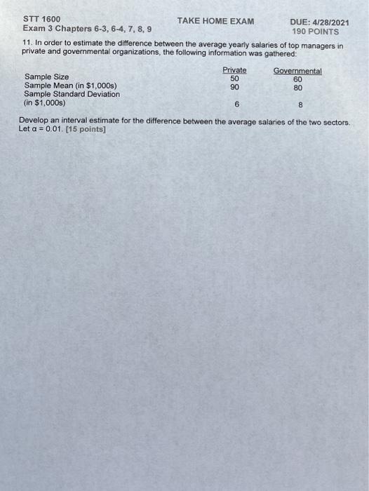 Solved Stt Take Home Exam Due Exam Chegg