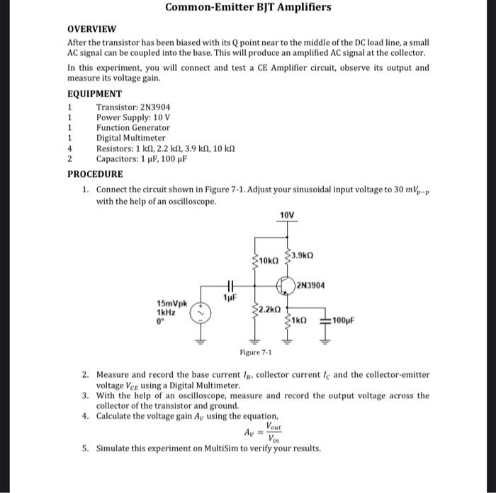 Solved Common Emitter BJT Amplifiers OVERVIEW After The Chegg