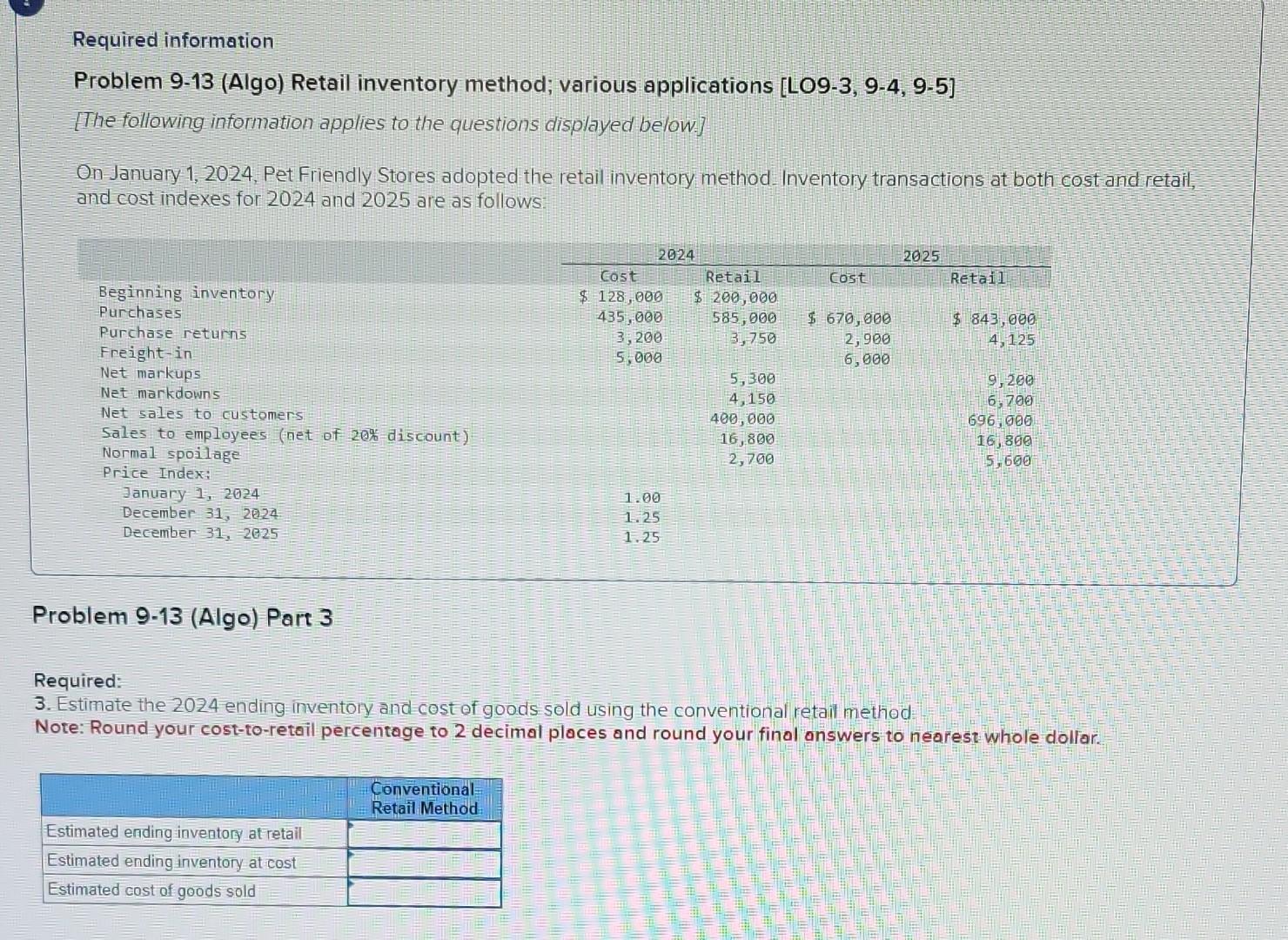 Solved Problem 9 13 Algo Retail Inventory Method Various Chegg