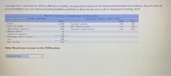 Solved Calculate Free Cash Flow For For Monarch Chegg