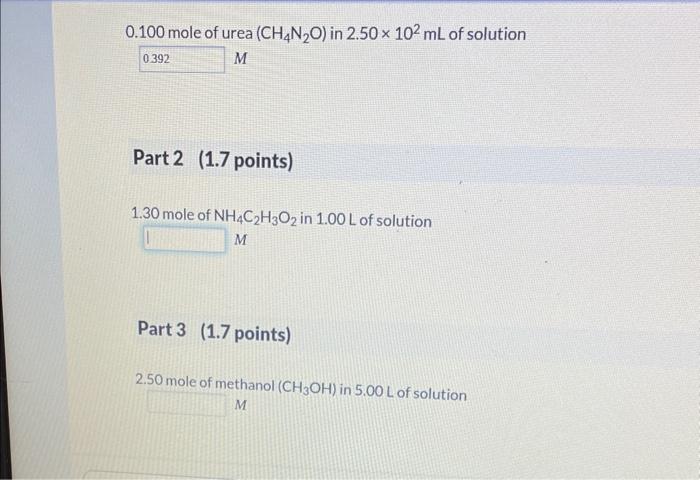 Solved 0 100 Mole Of Urea CH4 N2O In 2 50102 ML Of Chegg