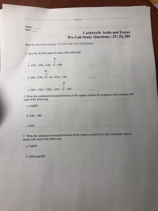 Solved Unit 6 Name Date Carboxylic Acids And Esters Pre Lab Chegg