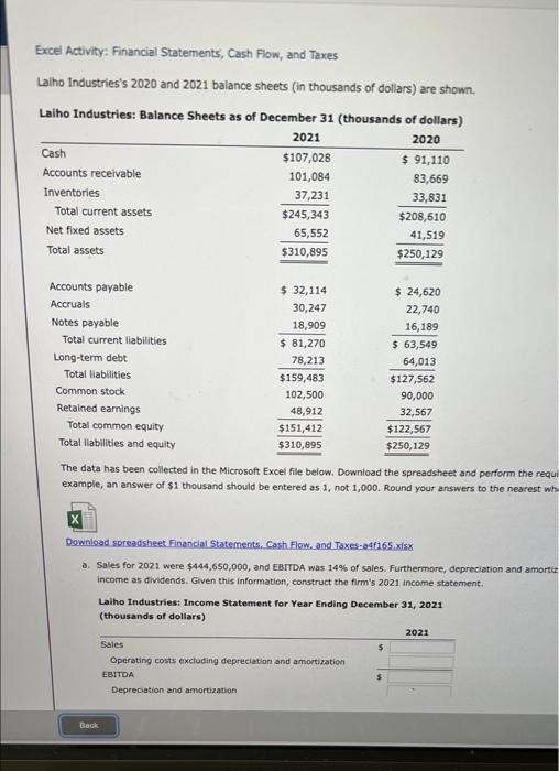 Excel Activity Financial Statements Cash Flow And Chegg